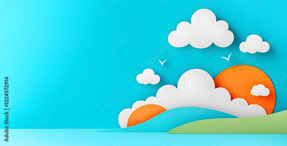 Landscape with mountains and sea waves in paper cut style Landscape with mountains and sea waves in paper cut style