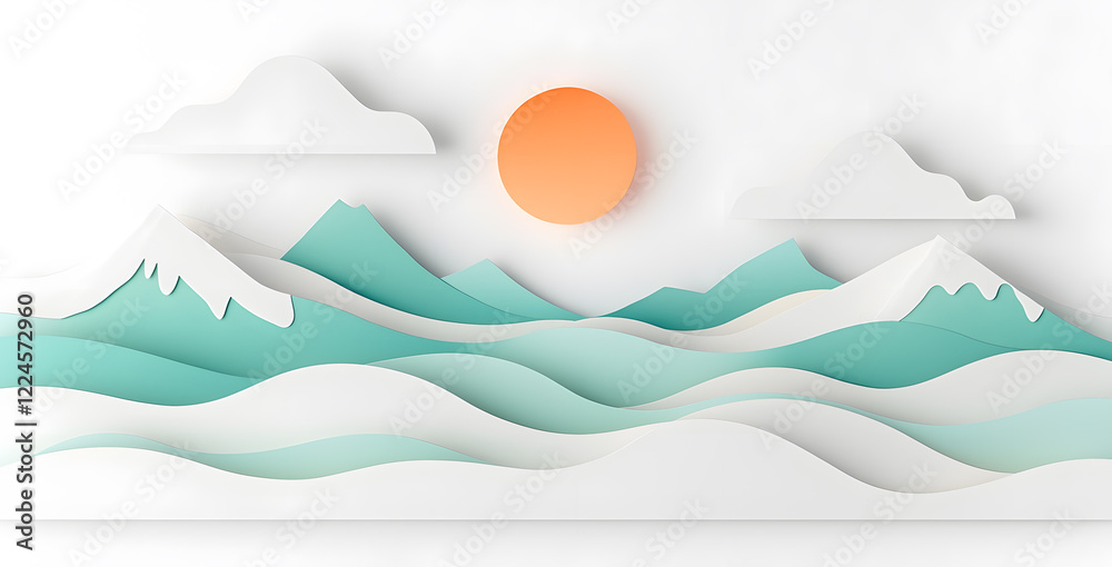 Obraz premium Landscape with mountains and sea waves in paper cut style