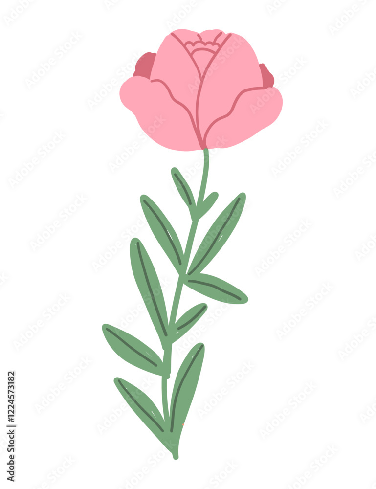 A simple and charming illustration of a pink flower with green leaves, embodying a contemporary and minimalistic style. A simple and charming illustration of a pink flower with green leaves, embodying a contemporary and minimalistic style.