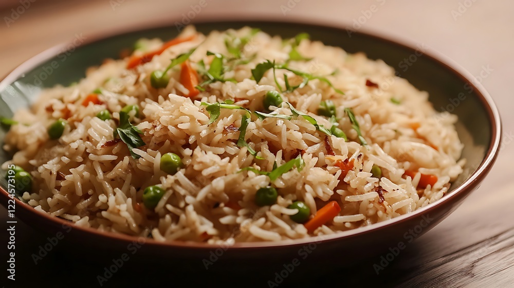 Close up of burnt garlic vegetable fried rice in a ceramic plate Close up of burnt garlic vegetable fried rice in a ceramic plate