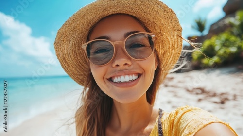 closeup shot of a good looking female tourist. Enjoy free time outdoors near the sea on the beach. Looking at the camera while relaxing on a clear day Poses for travel selfies smiling happy tropical #1224573127