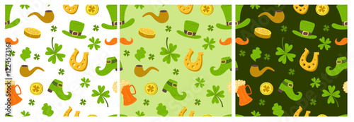 St. Patrick’s seamless pattern set. Festive elements on green background. Clover, shamrock, gold coins, green hats, boots, horseshoe illustrations.