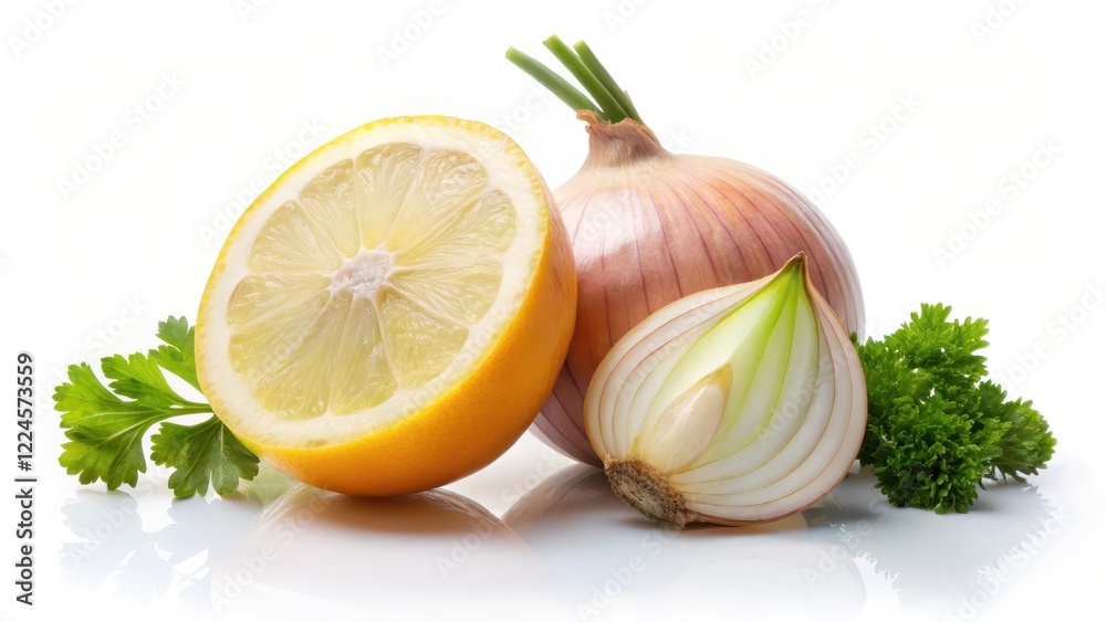 A single onion slice placed on a white background with a subtle texture, garnished with fresh parsley and lemon wedges A single onion slice placed on a white background with a subtle texture, garnished with fresh parsley and lemon wedges