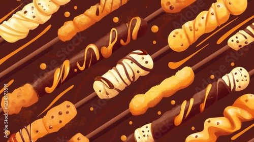 gourmet stick food banner, chocolate backdrop, linear snack array, sequential food pattern, modern asian motifs, golden fried accents, burnt orange details, yellow sauce swirls, clean vector artwork, photo