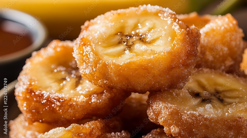 Close up of crispy deep fried banana with burry background Close up of crispy deep fried banana with burry background