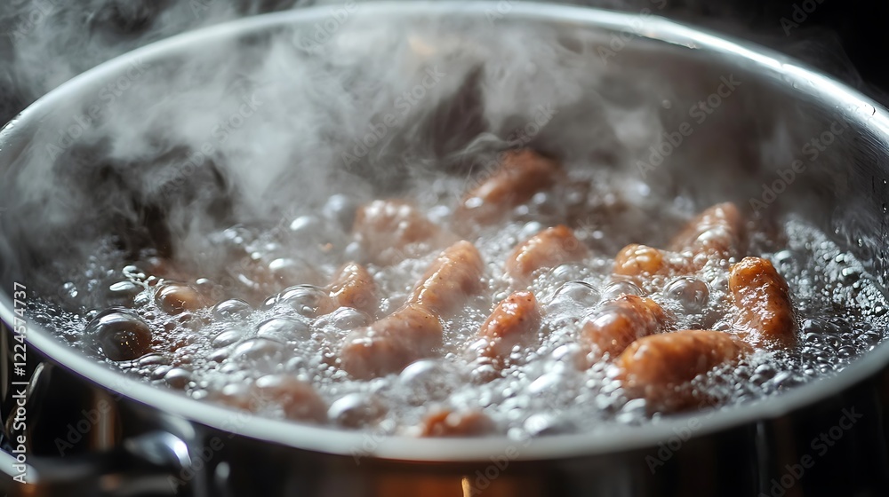 Close up of sausage boiling in a deep fryer Close up of sausage boiling in a deep fryer