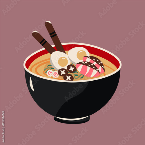 Flat-style illustration of a bowl of ramen with eggs, mushrooms, fish cakes, and chopsticks. Perfect for food designs, icons, menus, or culinary projects celebrating Asian cuisine.