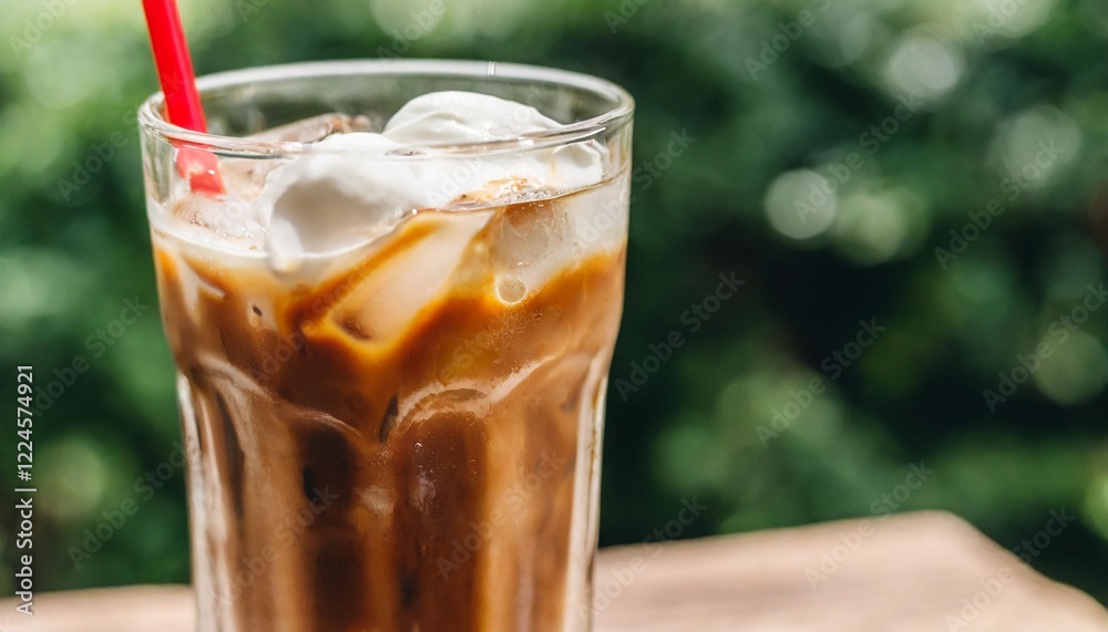 Obraz premium Close-Up of Iced Coffee Swirling with Cream in a Tall Glass Filled with Ice