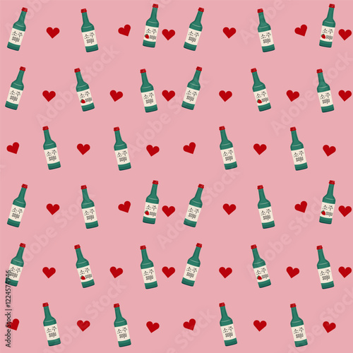 Flat-style seamless pattern featuring soju bottles and red hearts on a pink background. Perfect for designs celebrating Korean culture, love-themed events, or unique branding projects.