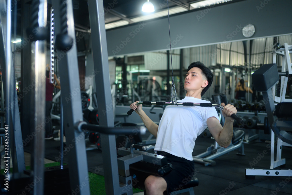 Athletic man working out on a lat pulldown machine in modern gym Athletic man working out on a lat pulldown machine in modern gym