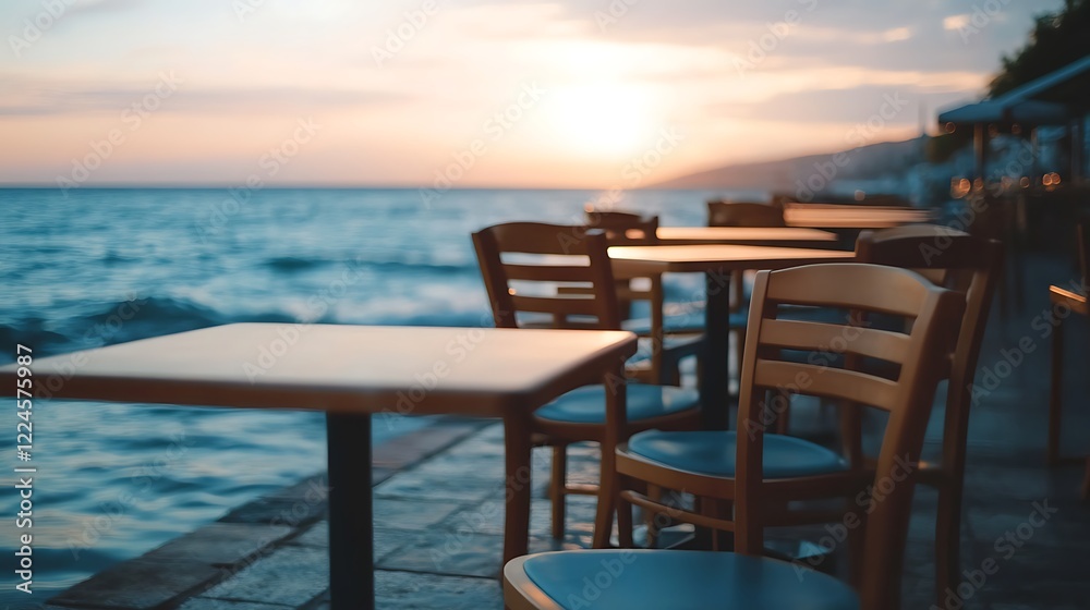 Close up shot of a beautiful outdoor dining table by the sea at an empty restaurant Close up shot of a beautiful outdoor dining table by the sea at an empty restaurant
