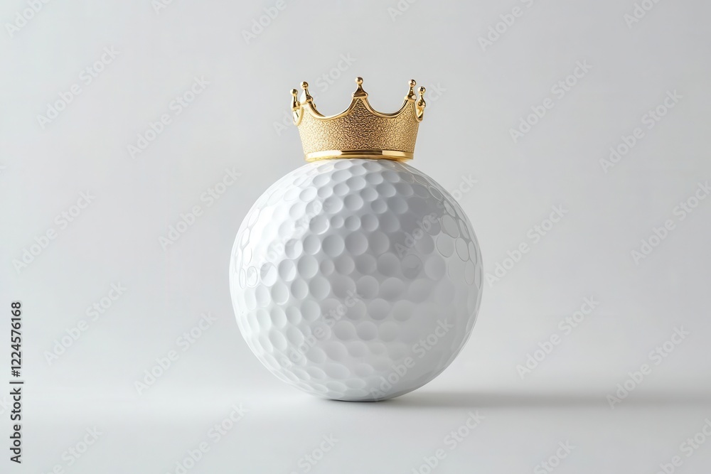 modern minimalist golf trophy design featuring sleek metallic golf ball crowned with elegant golden crown, set against clean white background