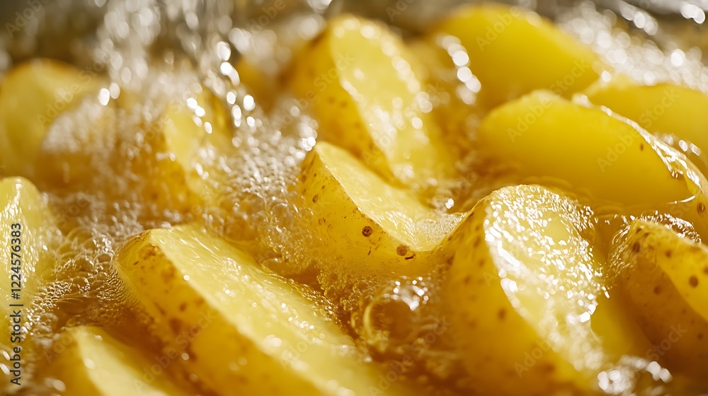 Close up view of frying potatoes sliced fries in very hot oil Close up view of frying potatoes sliced fries in very hot oil