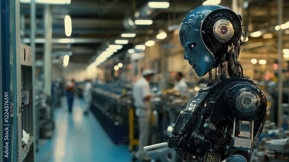 Futuristic robot stands in factory alongside human workers, highlighting the merge of automation with workforce Futuristic robot stands in factory alongside human workers, highlighting the merge of automation with workforce