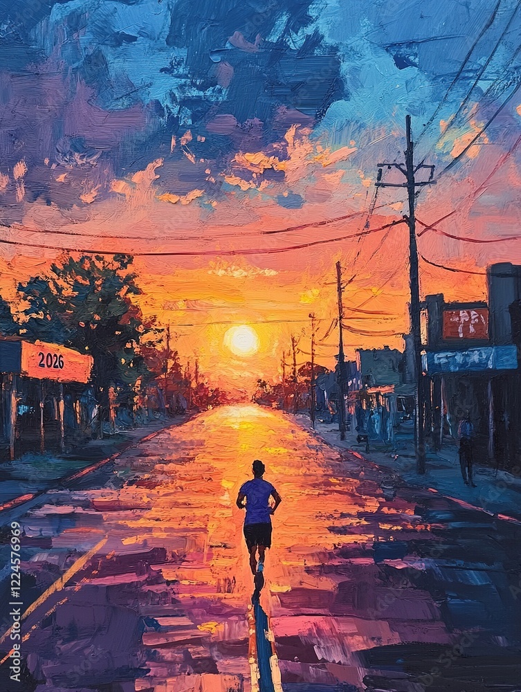Fototapeta premium Runner silhouettes sunset street city postcard