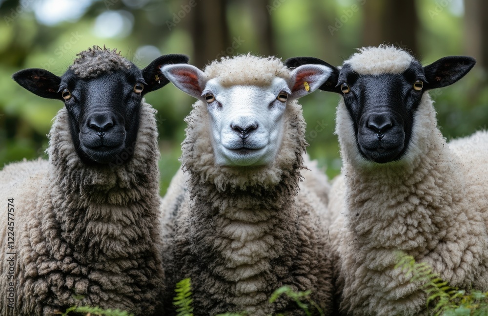 Fototapeta premium Charming Trio of Sheep with Unique Wool Patterns in Lush Green Environment Surrounded by Nature's Beauty and Serenity in a Picturesque Farm Setting