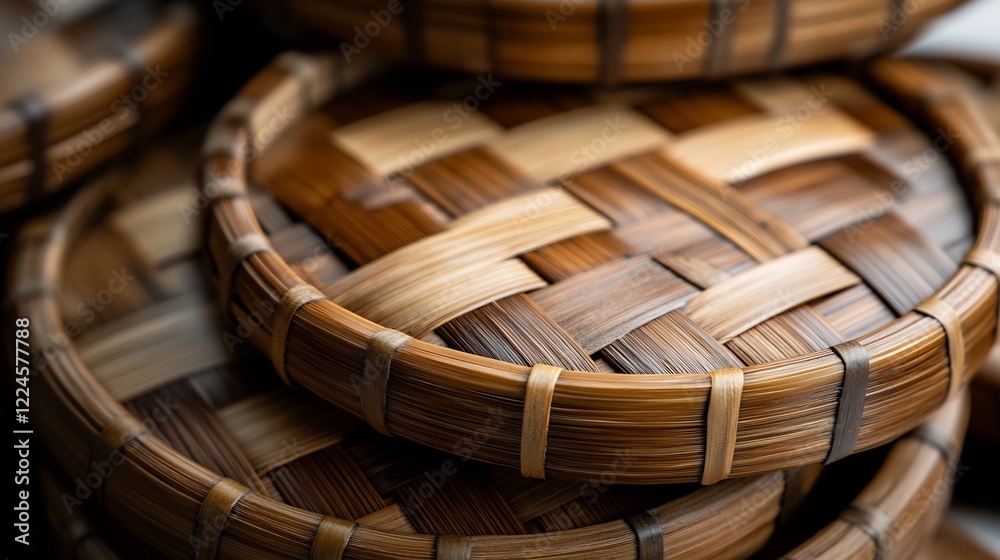 Obraz premium Close-up of Stacked Woven Bamboo Trays: Intricate Craftsmanship and Natural Texture