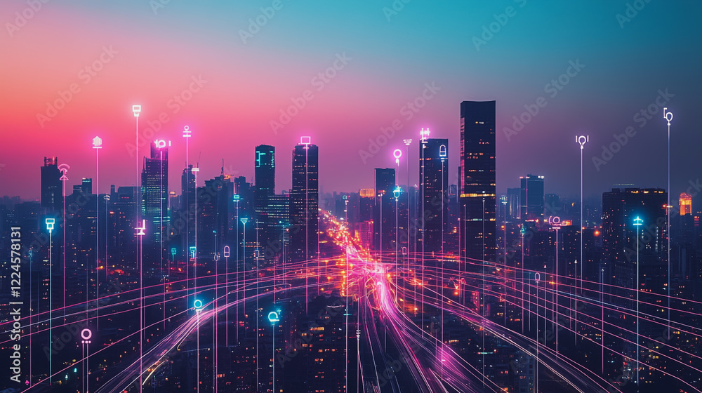 Fototapeta premium Abstract business woman stands on Smart digital Innovation city with connection network reciprocity over the twilight cityscape. of future wireless digital city and social media networking systems