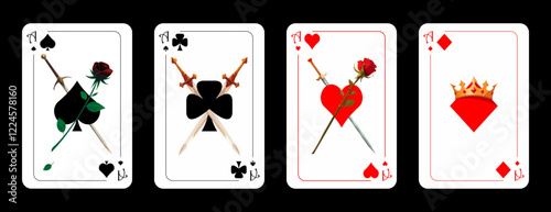 Set of playing cards aces of different suits in original cartoon style. Original design of playing cards. Vector illustration