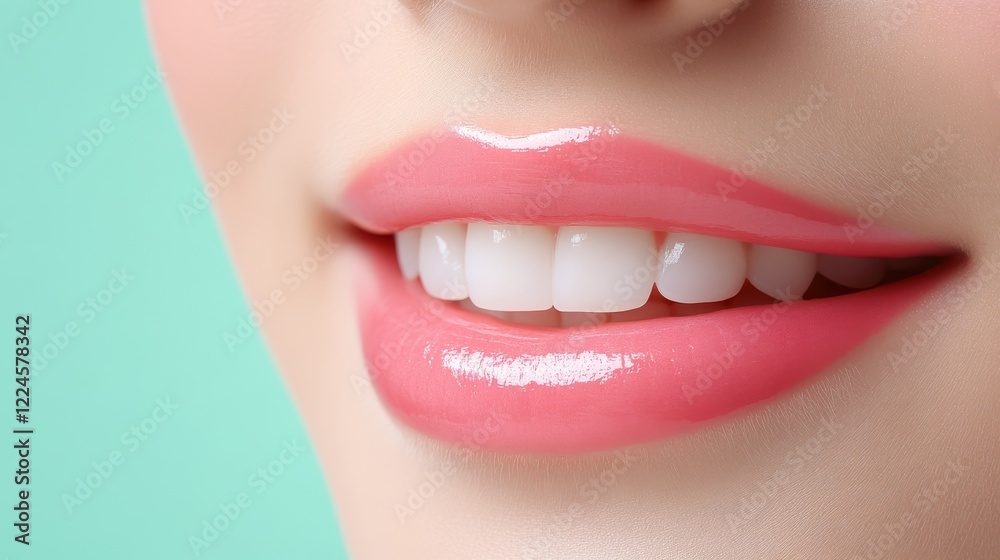 Obraz premium Perfect smile, closeup of a woman's mouth with sparkling white tooth 