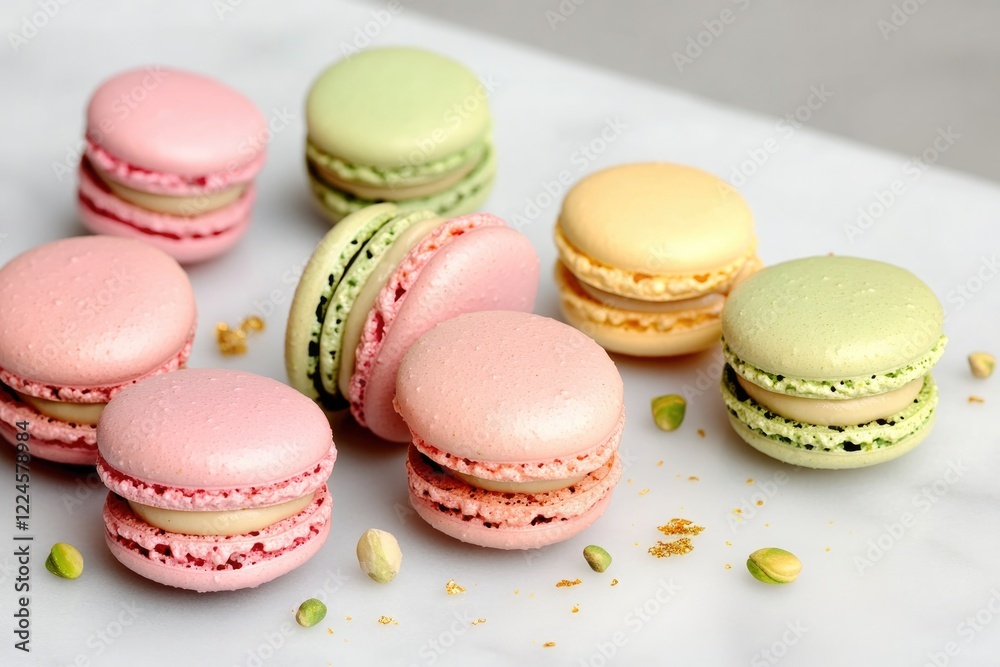 Delicate macarons in pastel colors arranged on marble surface wi Delicate macarons in pastel colors arranged on marble surface wi