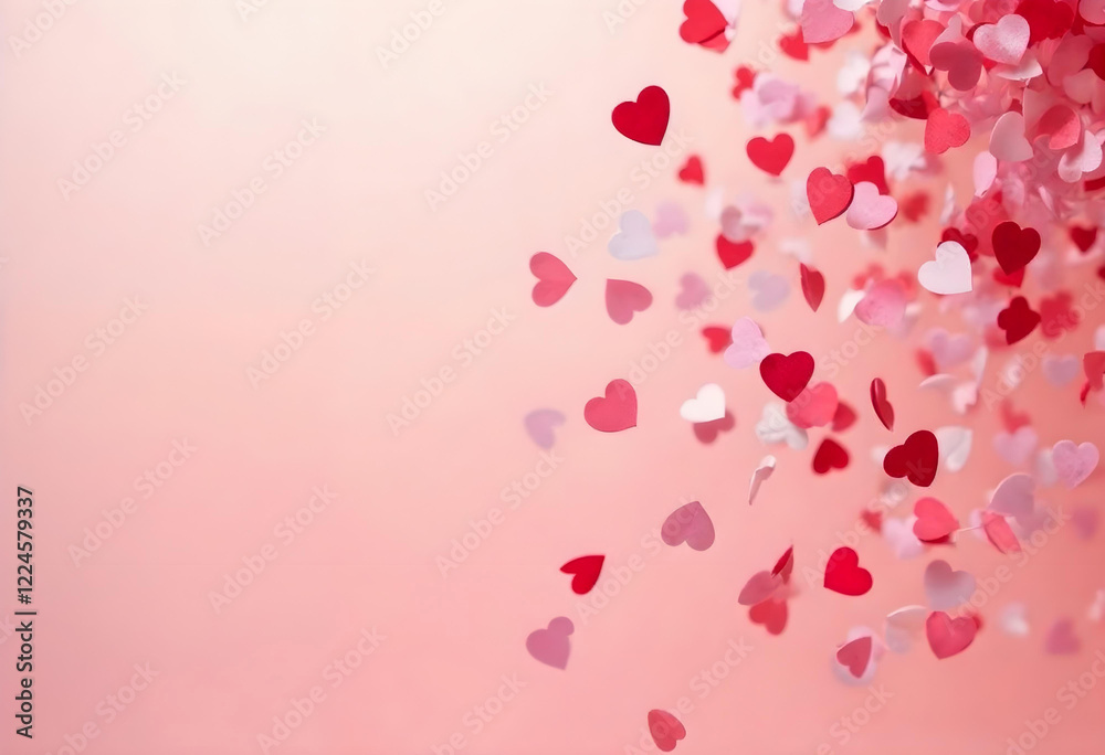 A whimsical arrangement of heart confetti in various patterns, such as polka dots and stripes, falling over a bright pink background, perfect for a fun Valentine's Day card. A whimsical arrangement of heart confetti in various patterns, such as polka dots and stripes, falling over a bright pink background, perfect for a fun Valentine's Day card.