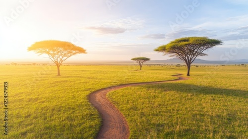 Golden grasslands stretch beneath vibrant sky, dotted with iconi photo