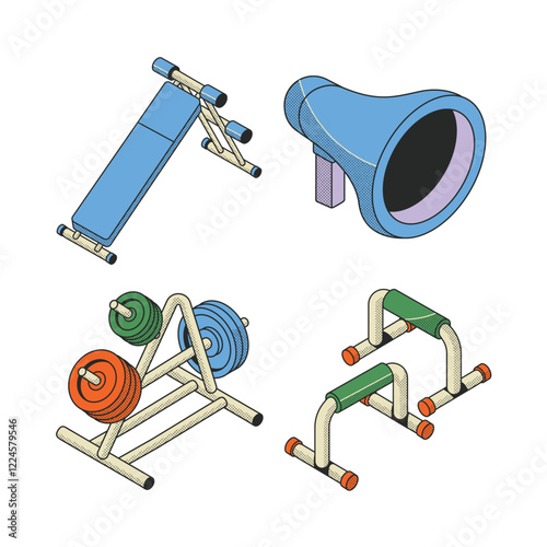 Sleek Isometric Cartoony Lined Fitness Equipment