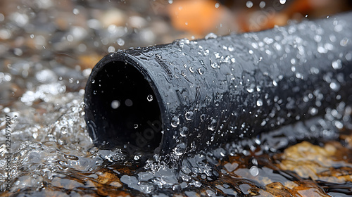 Close-up of water flowing from a black pipe in a stream photo