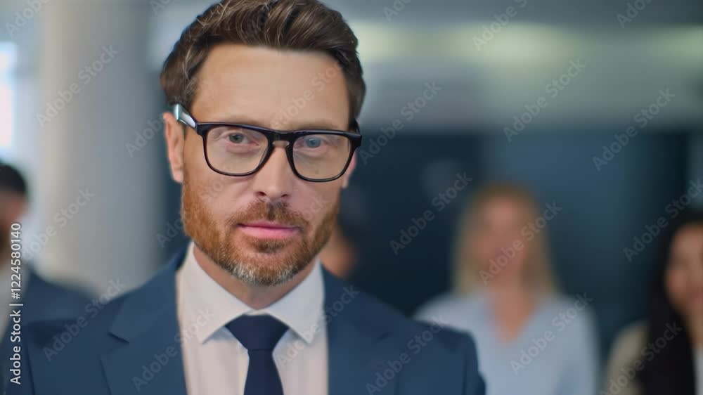 Serious businessman looking at camera with colleagues in background Serious businessman looking at camera with colleagues in background