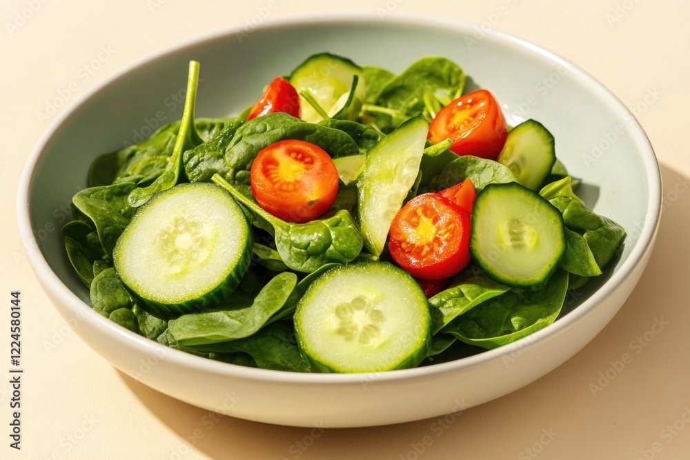 Fresh salad in light bowl showcases vibrant greens and juicy tom Fresh salad in light bowl showcases vibrant greens and juicy tom