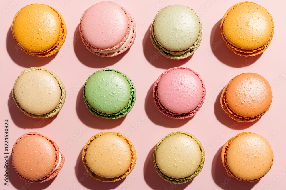 Fototapeta premium Colorful macarons arranged neatly on soft pink background create