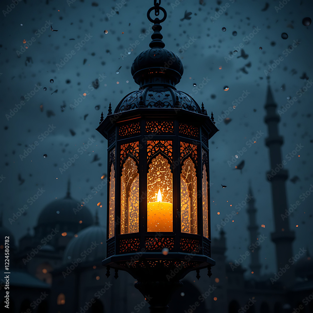 Fototapeta premium Ornate Lantern Glows in Dusk: A Serene Ramadan Scene