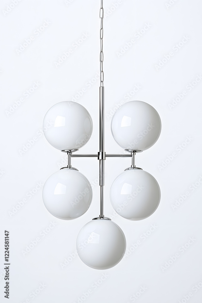 Modern chandelier with a cluster of hanging white glass orbs isolated on white background