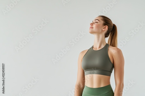 Confident woman in athletic wear gazes upward, embodying strengt photo