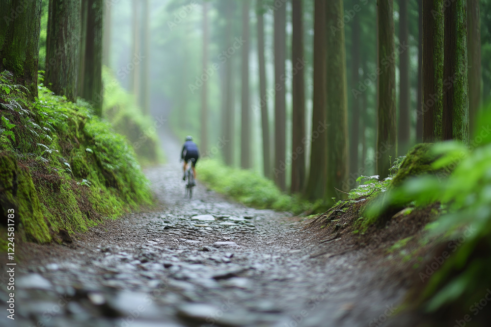 Fototapeta premium A cyclist on a forest trail, the scene is lighted by soft natural light. The weather is cool and slightly foggy. In the background there are dense green trees