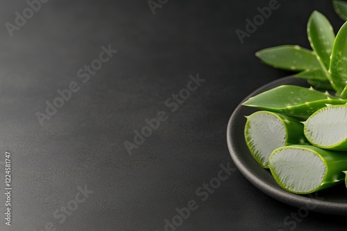 Fresh aloe vera leaves arranged elegantly on dark plate, showcas