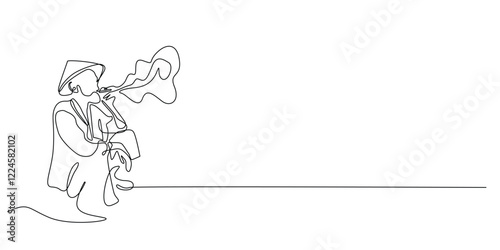 continuous line old man smoking.one line drawing portrait of asian farmer with hat and smoking.single line vector illustration.isolated white background