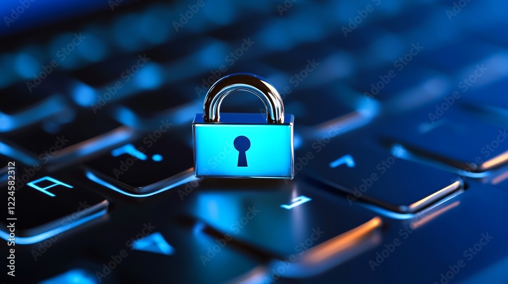 Enhanced laptop security, silver padlock on keyboard symbolizing data protection, privacy and cybersecurity Enhanced laptop security, silver padlock on keyboard symbolizing data protection, privacy and cybersecurity