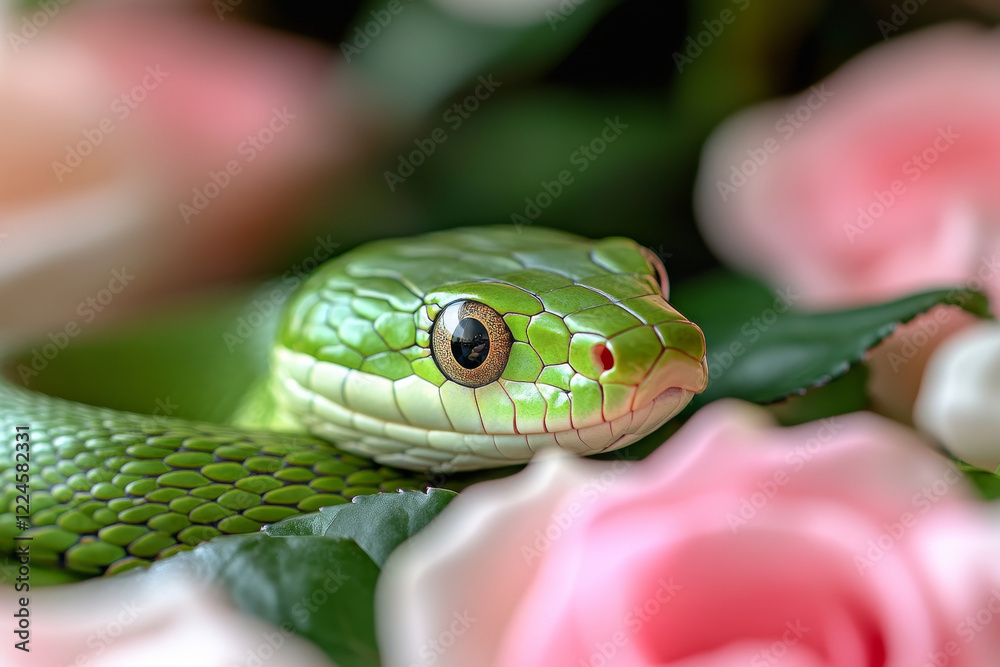 Fototapeta premium a very cute green snake resting on a bed of flowers in a calm environment