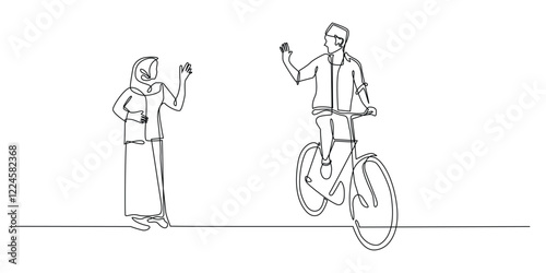 continuous line portrait of rural people.one line drawing of husband going to work by bicycle,wife waving her hand.single line vector illustration.isolated white background
