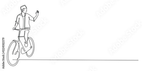 continuous line of village man riding a bicycle.one line drawing of asian man pedaling a bicycle and waving.single line vector illustration.isolated white background