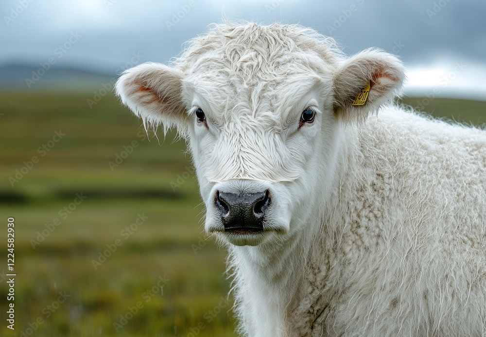 Close-Up of a White Calf Standing in a Green Field under a Cloudy Sky, Capturing the Beauty of Nature and Farm Life in a Serene Landscape Close-Up of a White Calf Standing in a Green Field under a Cloudy Sky, Capturing the Beauty of Nature and Farm Life in a Serene Landscape