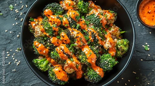 Crispy baked broccoli florets tossed with mayo sriracha sauce in black bowl photo