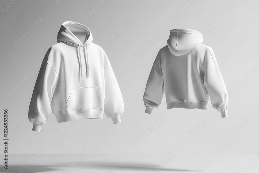 pristine white designer hoodie mockup floating in minimalist studio, ethereal lighting, front and back 3d views, professional fashion photography