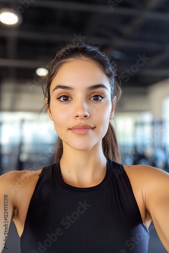 Confident young woman in gym, showcasing determination and fitne photo