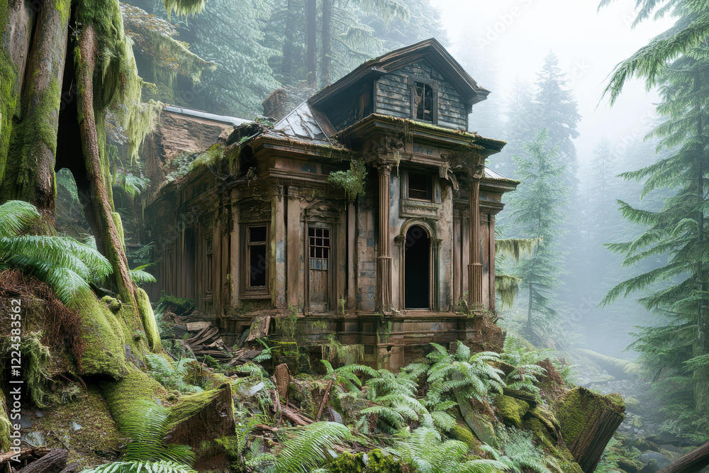 Fototapeta premium Photos of abandoned,ghostly buildings standing in the woods. AI generative.