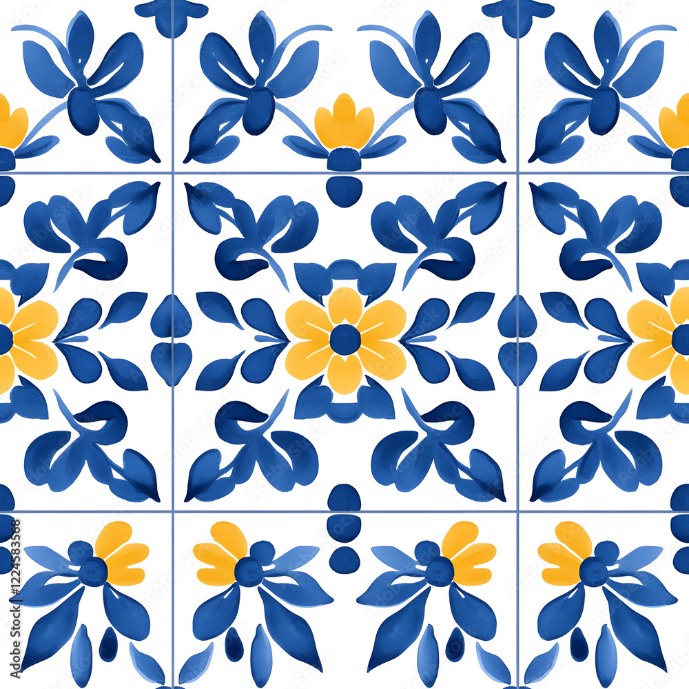 Fototapeta premium Rustic blue and yellow tile watercolor seamless pattern. Pattern of azulejos tiles