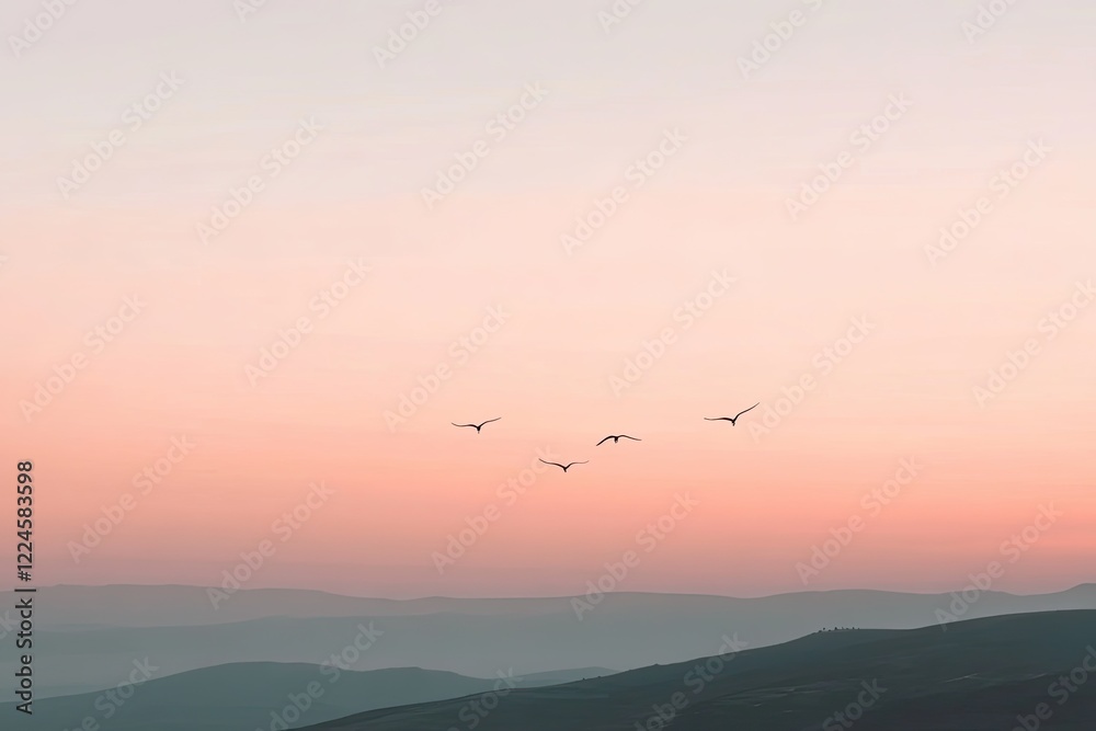 Gentle hues blend in sky as birds soar over soft, rolling hills