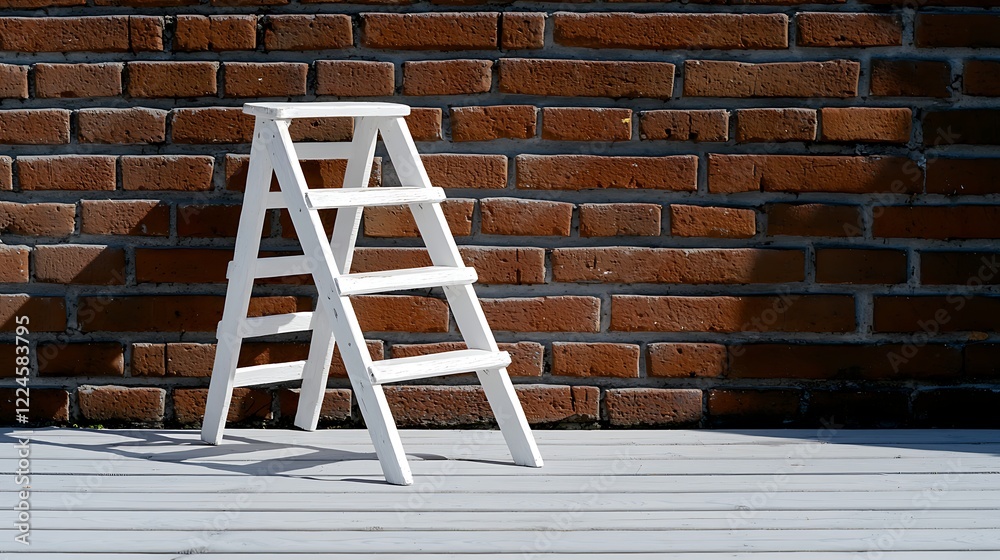 White Wooden Stepladder Against A Red Brick Wall White Wooden Stepladder Against A Red Brick Wall